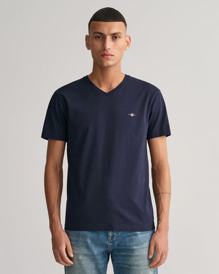 Koszulka męska z dekoltem V slim fit granatowa
