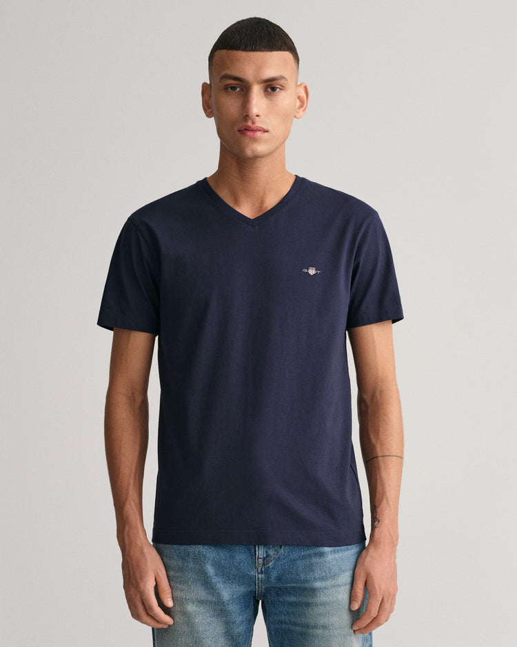 Koszulka męska z dekoltem V slim fit granatowa