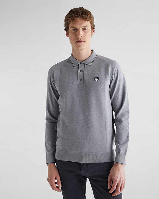 Bawełniany sweter męski z kołnierzykiem polo z długim rękawem regular fit