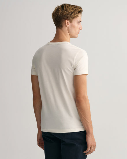 Bawełniany t-shirt męski z nadrukiem regular fit kremowy