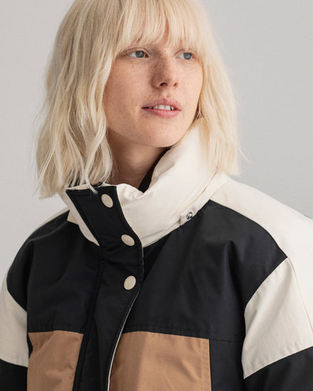 Parka damska puchowa kolorowa w kolorowe bloki