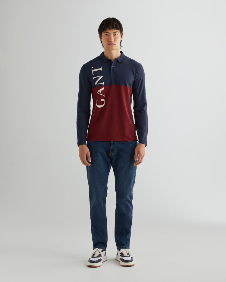 Polo męska z nadrukiem z długim rękawem regular fit granatowa