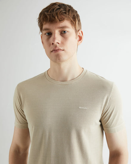 Bawełniany t-shirt męski okrągły kołnierzyk slim fit beżowy