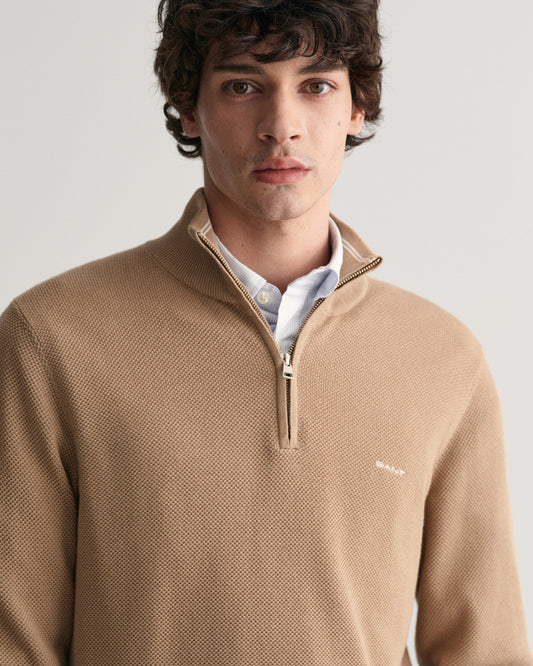 Bawełniany sweter męski z zamkiem do połowy regular fit beżowy