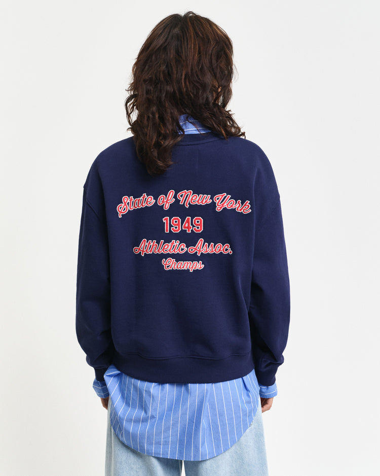 Damska granatowa bluza z graficznym napisem i okrągłym dekoltem