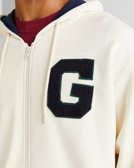 Bawełniana bluza męska z zamkiem z nadrukiem relaxed fit kremowa