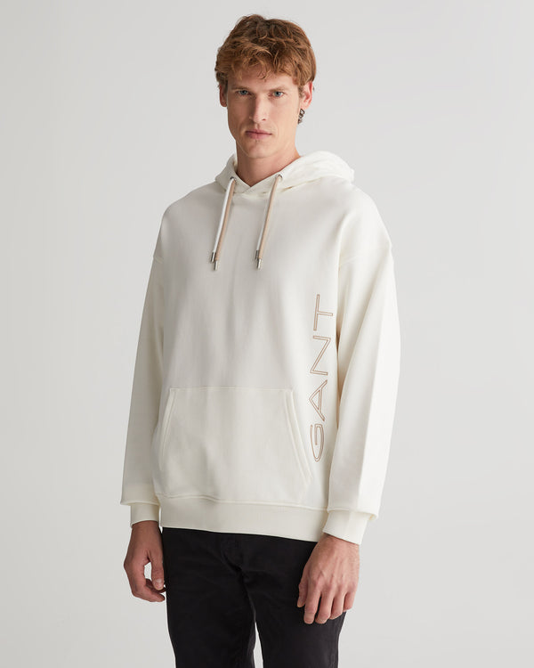 Bawełniana bluza męska z kapturem z nadrukiem regular fit kremowa