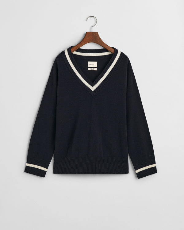 Wełniany sweter damski z dekoltem V i długim rękawem relaxed fit