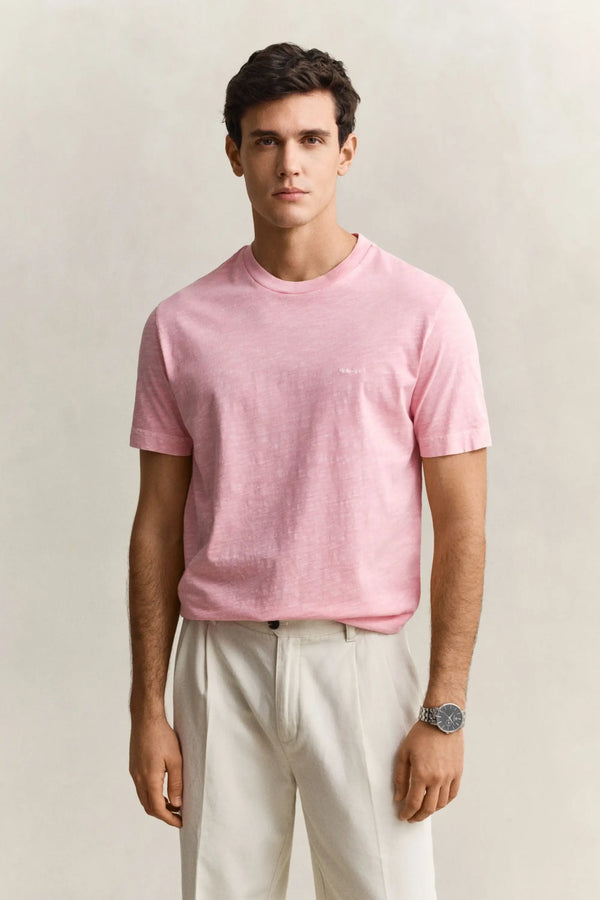 Bawełniany t-shirt męski z okrągłym kołnierzykiem regular fit różowy
