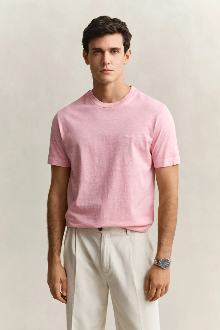 Bawełniany t-shirt męski z okrągłym kołnierzykiem regular fit różowy