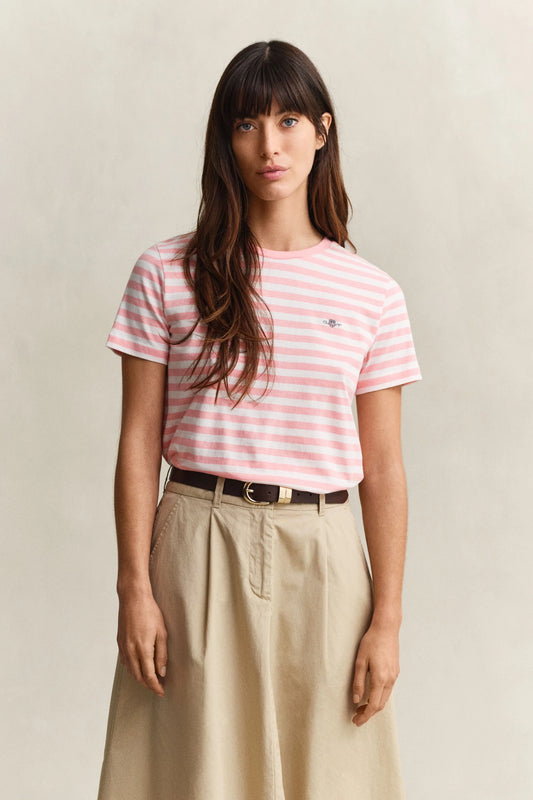 Bawełniana koszulka damska w paski z okrągłym kołnierzykiem regular fit