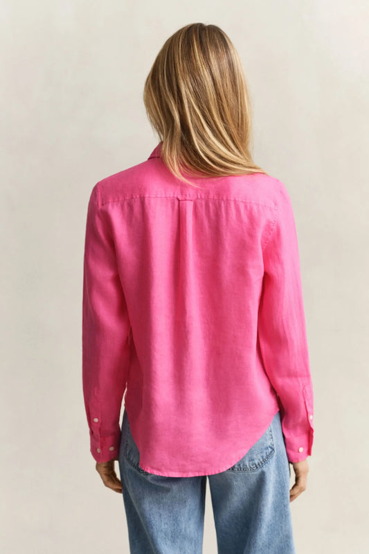 Lniana koszula damska z długim rękawem regular fit różowa