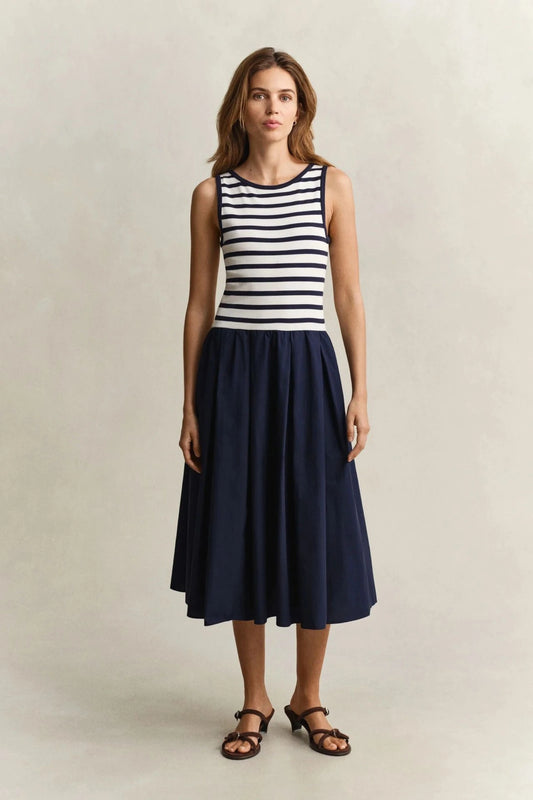 Sukienka damska w paski okrągły kołnierzyk bez rękawów slim fit