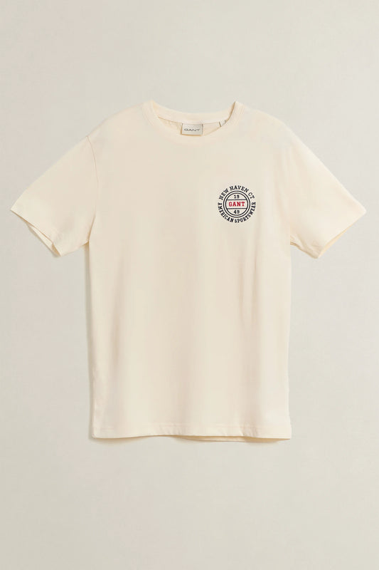 Bawełniany t-shirt męski z nadrukiem regular fit kremowy