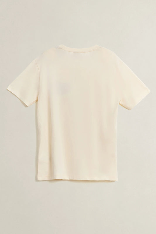 Bawełniany t-shirt męski z nadrukiem regular fit kremowy