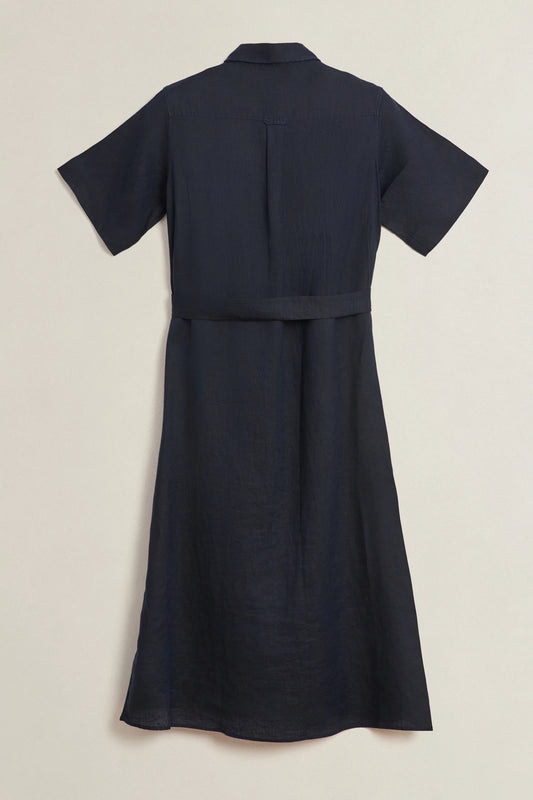 Lniana sukienka damska z kołnierzem koszulowym i krótkim rękawem regular fit