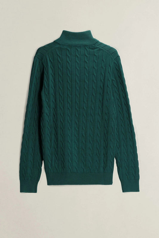 Bawełniany sweter męski w warkocze half zip zielony