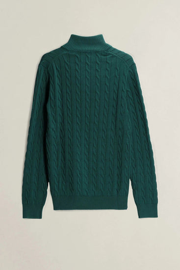Bawełniany sweter męski w warkocze half zip zielony