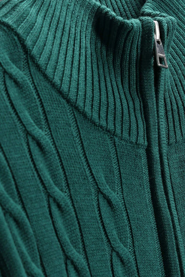 Bawełniany sweter męski w warkocze half zip zielony
