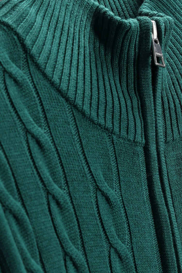 Bawełniany sweter męski w warkocze half zip zielony