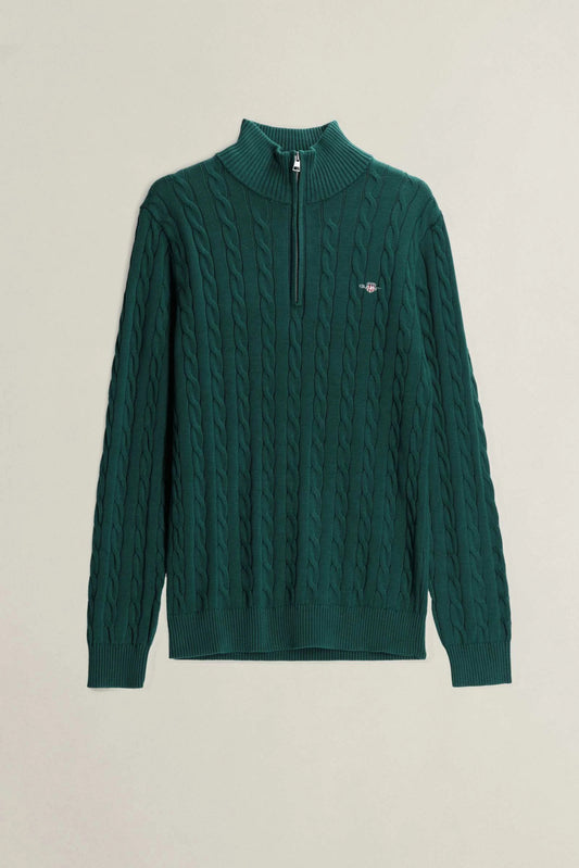 Bawełniany sweter męski w warkocze half zip zielony