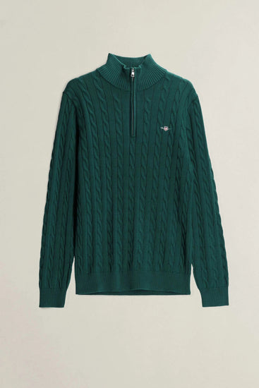 Bawełniany sweter męski w warkocze half zip zielony