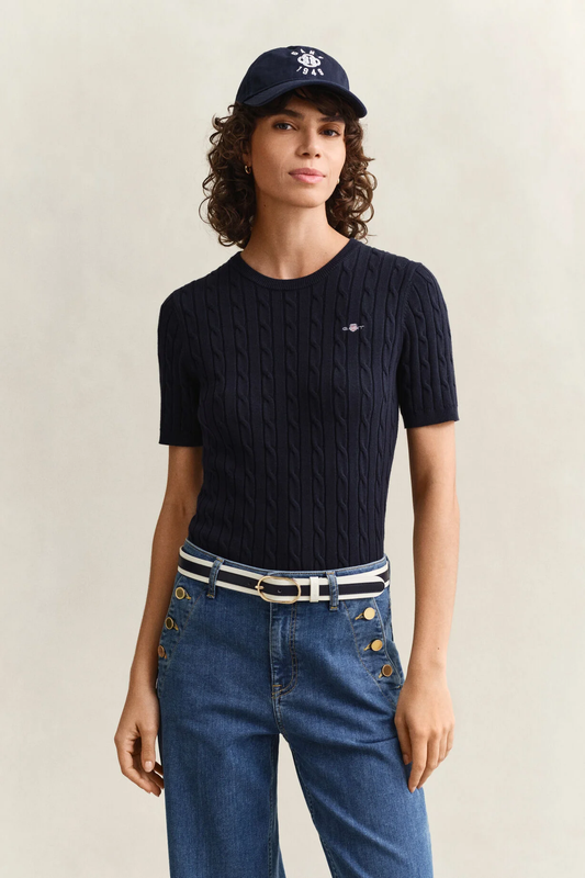 Sweter damski z krótkim rękawem z okrągłym kołnierzykiem slim fit