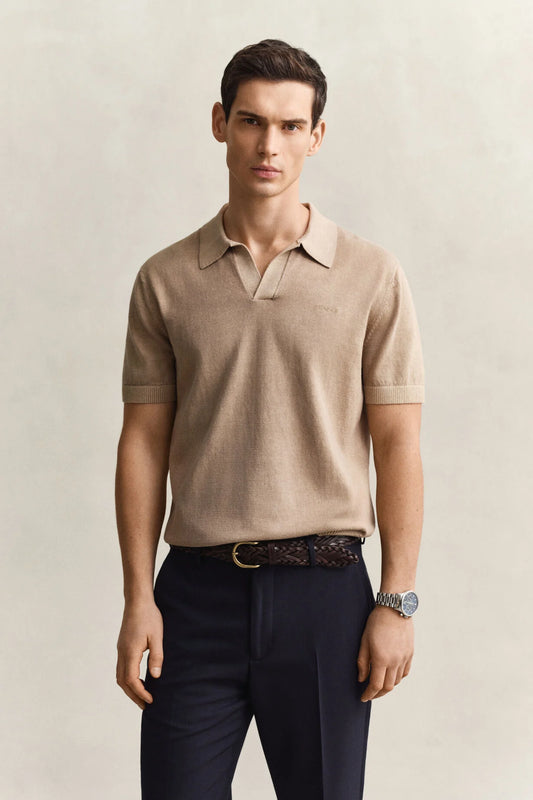Bawełniany sweter męski z kołnierzykiem polo regular fit khaki