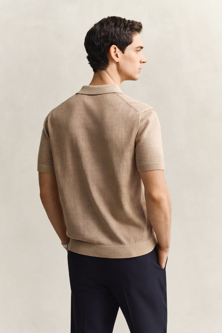Bawełniany sweter męski z kołnierzykiem polo regular fit khaki