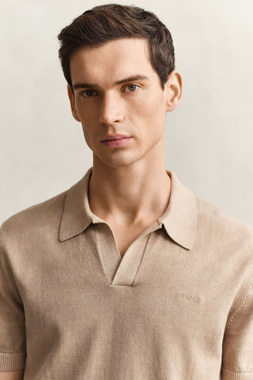 Bawełniany sweter męski z kołnierzykiem polo regular fit khaki