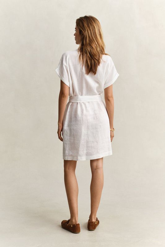 Lniana sukienka damska z kołnierzem koszulowym i krótkim rękawem relaxed fit