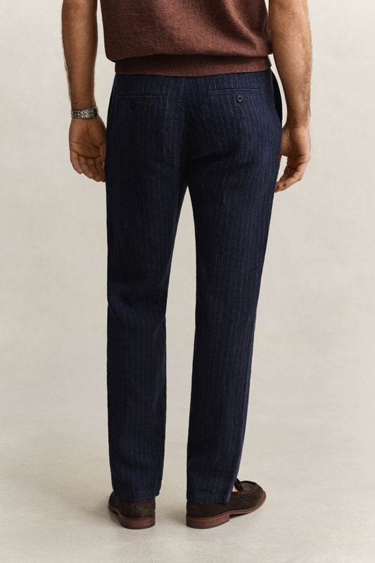 Lniane spodnie męskie w paski regular fit granatowe