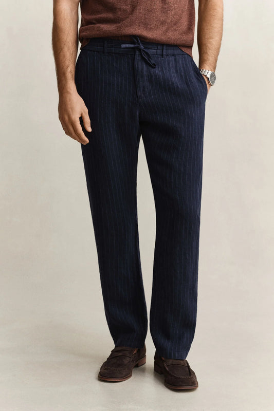 Lniane spodnie męskie w paski regular fit granatowe