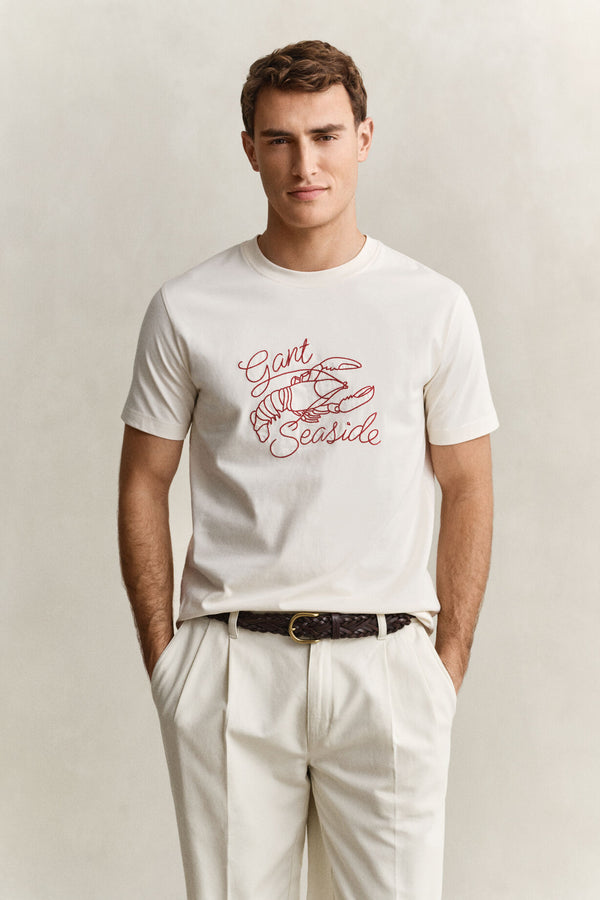 Bawełniany t-shirt męski z nadrukiem regular fit kremowy