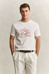 Bawełniany t-shirt męski z nadrukiem regular fit kremowy