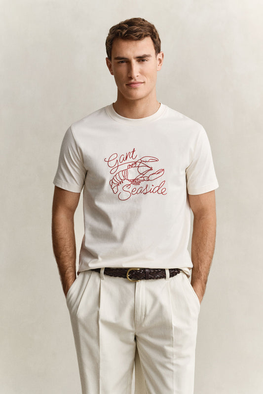 Bawełniany t-shirt męski z nadrukiem regular fit kremowy