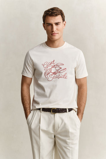 Bawełniany t-shirt męski z nadrukiem regular fit kremowy