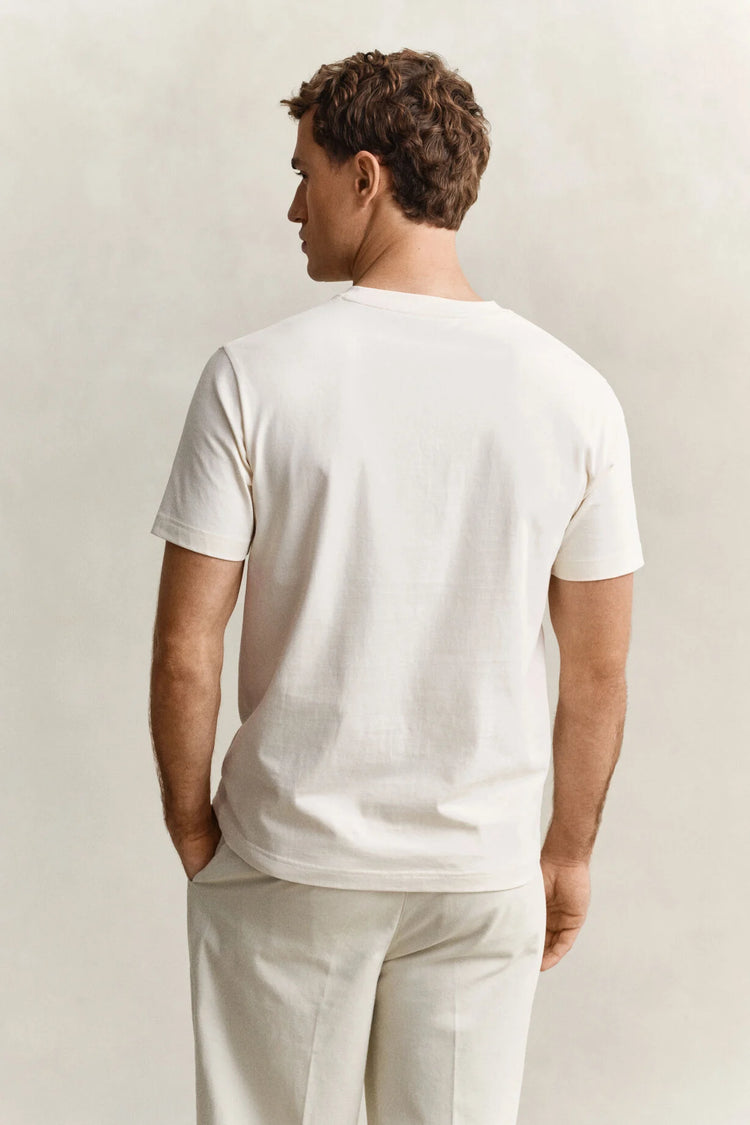 Bawełniany t-shirt męski z nadrukiem regular fit kremowy