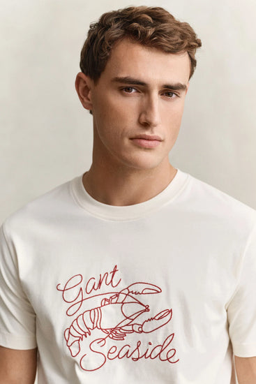 Bawełniany t-shirt męski z nadrukiem regular fit kremowy