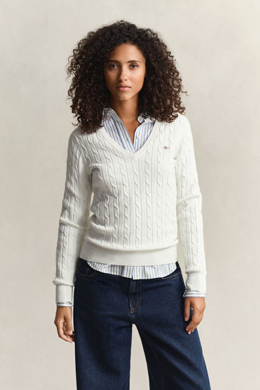 Sweter damski z dekoltem V slim fit biały