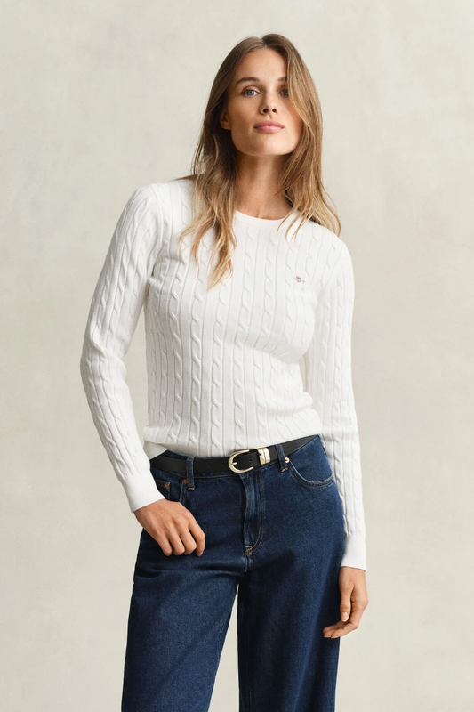 Sweter damski z okrągłym dekoltem slim fit biały