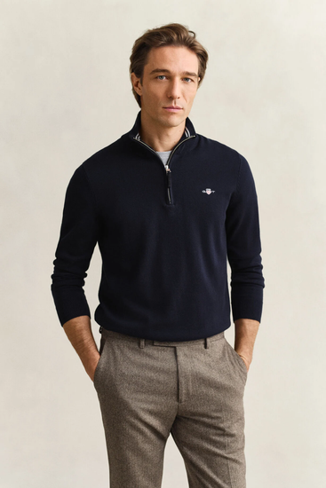 Sweter męski z zamkiem do połowy długi rękaw regular fit granatowy