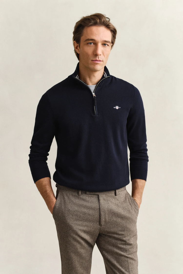 Sweter męski z zamkiem do połowy długi rękaw regular fit granatowy