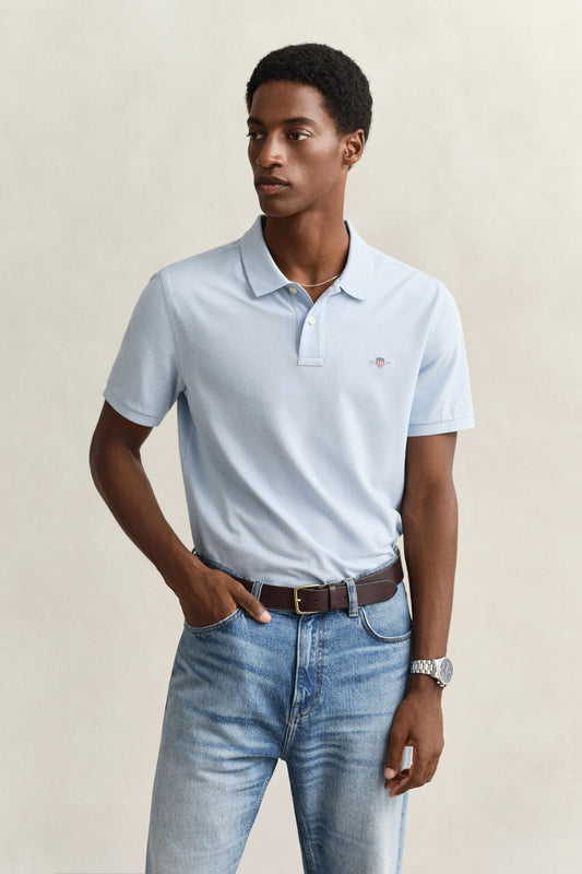 Bawełniane polo męskie z krótkim rękawem regular fit niebieskie