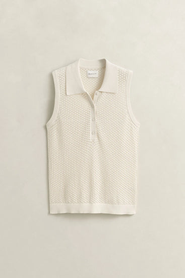 Sweter damski z kołnierzykiem polo bez rękawów slim fit biały