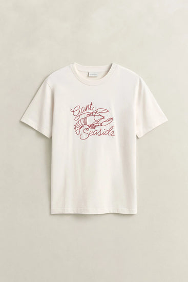 Bawełniany t-shirt męski z nadrukiem regular fit kremowy
